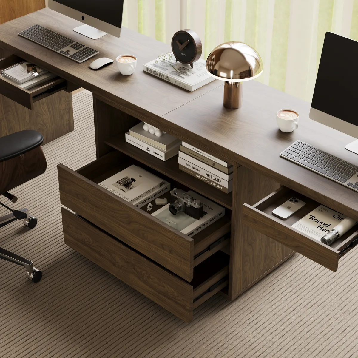 Modern 94" Rectangular Brown Double Desk with Drawers, Seats 2 — image 20