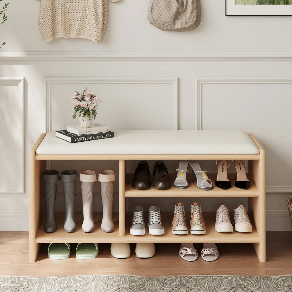 Modern Leather Upholstered Entryway Bench Shoe Storage — image 11