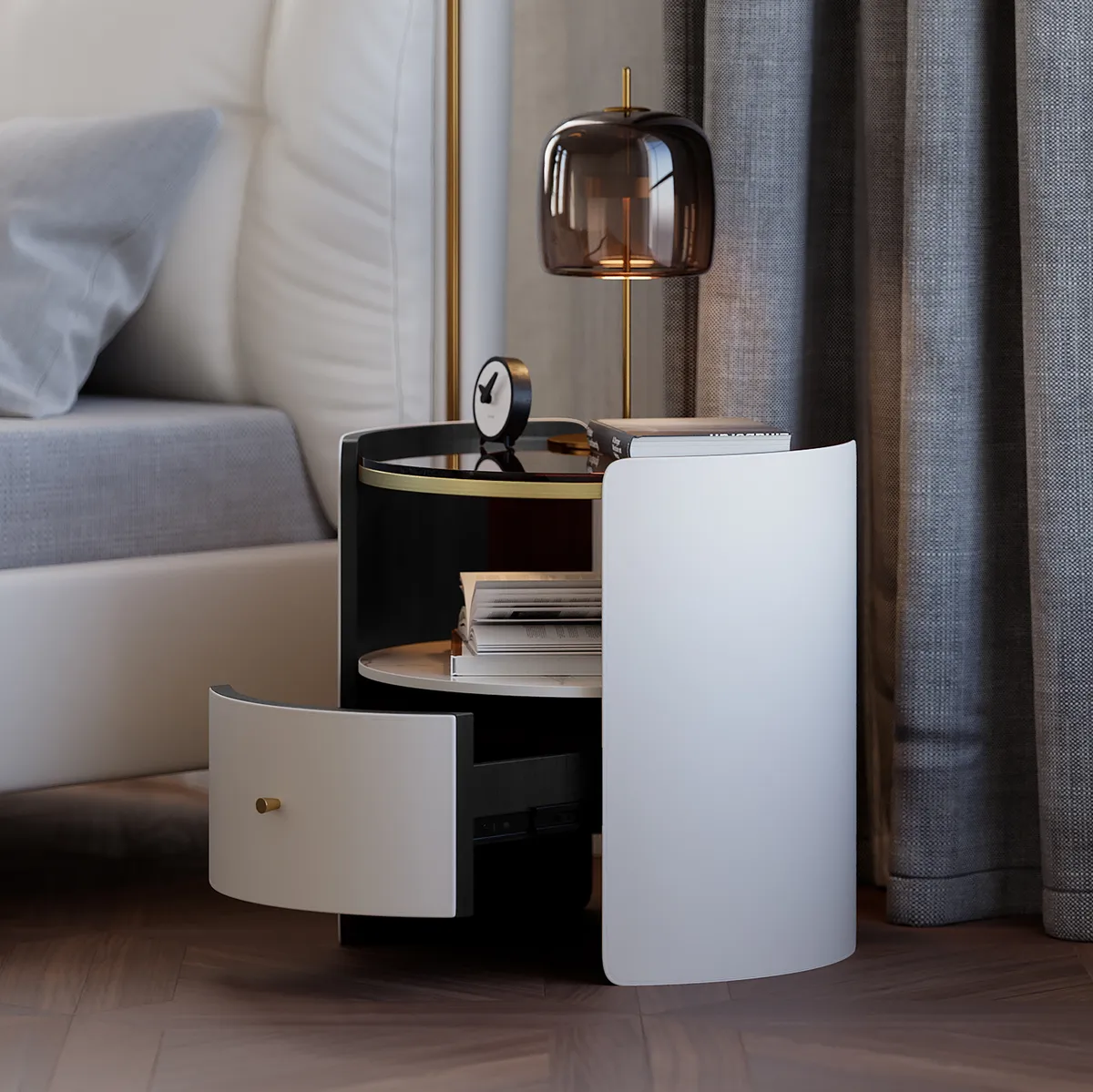 Modern Round Gray Leather Nightstand with Glass Top & Sintered Stone Bedside — image 13