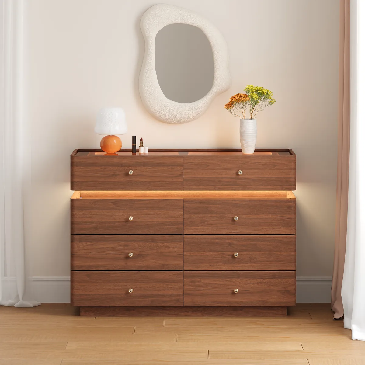 47" Glass Top Walk-in Closet Island 8-Drawer Dresser with Light — image 15