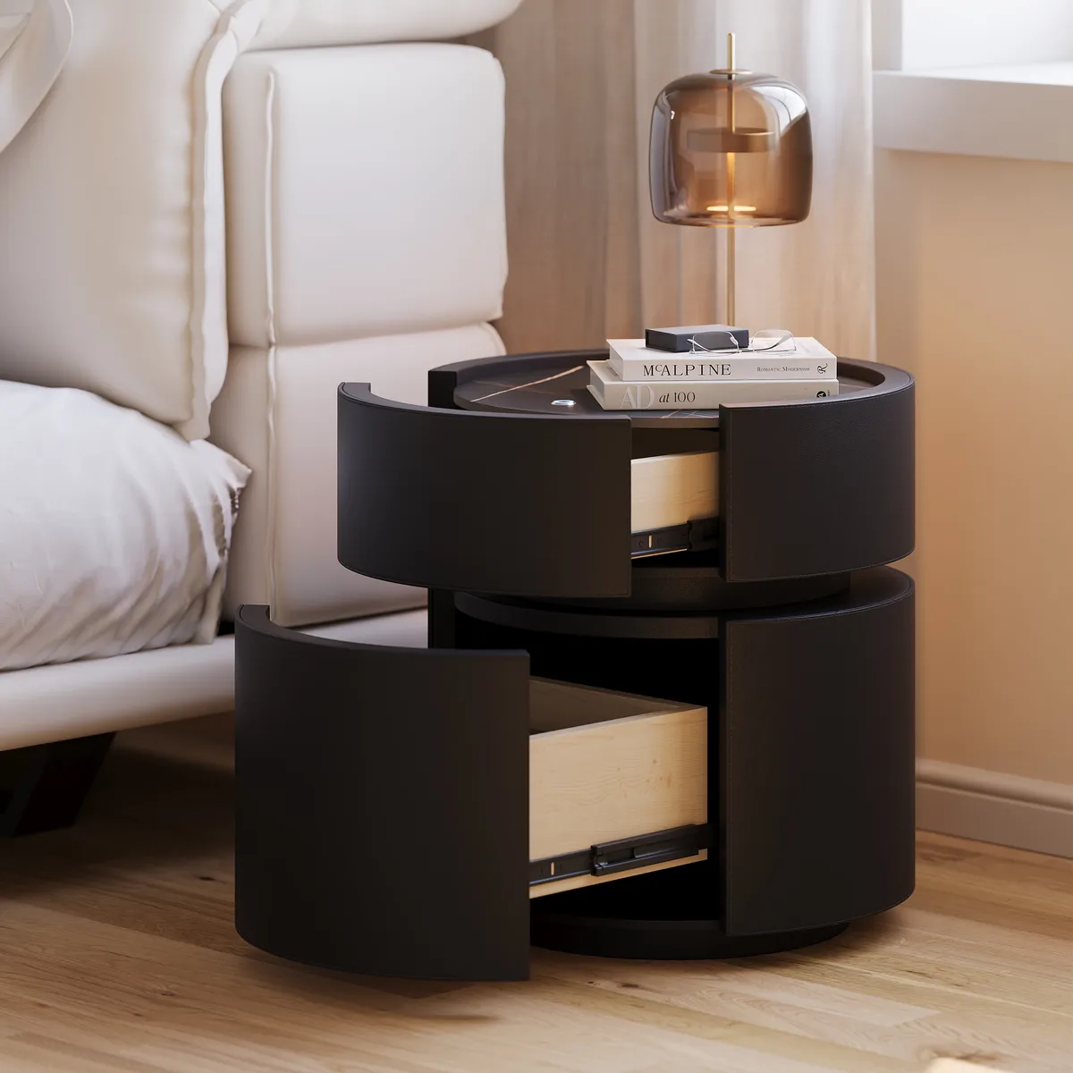 Round Saddle Leather Nightstand with Wireless Charging Bedside Table — image 16