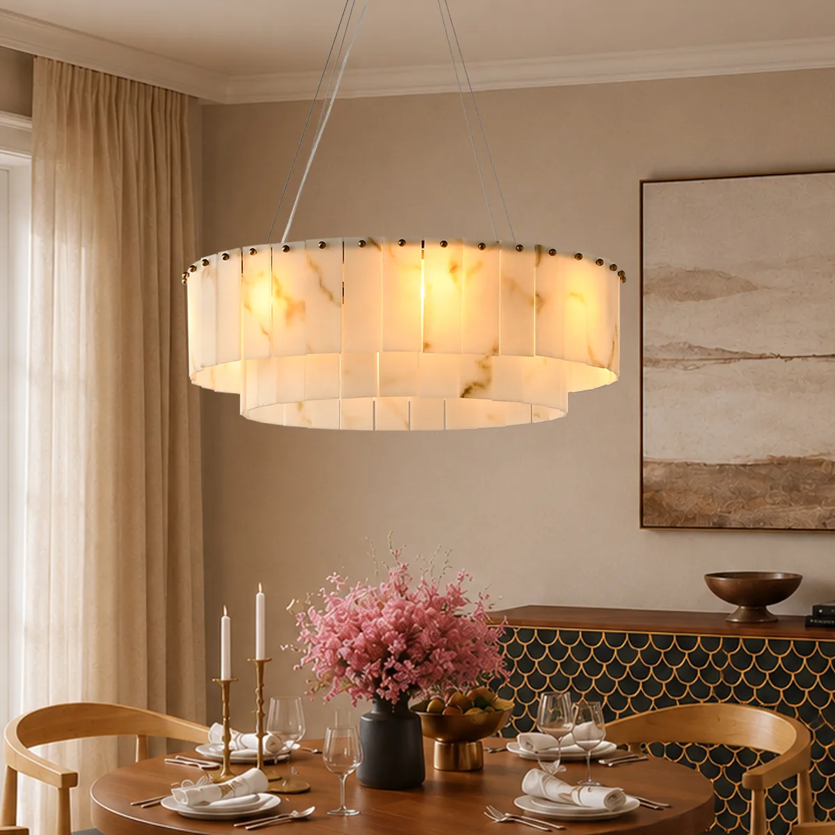 8-Light Tiered Chandelier Alabaster-Look