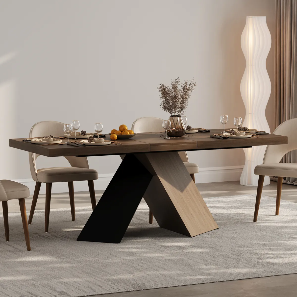 Dining Table Set 64"-79" Rectangle Extendable Dining Table & 4 Archic Japandi Rattan Dining Chairs — image 5