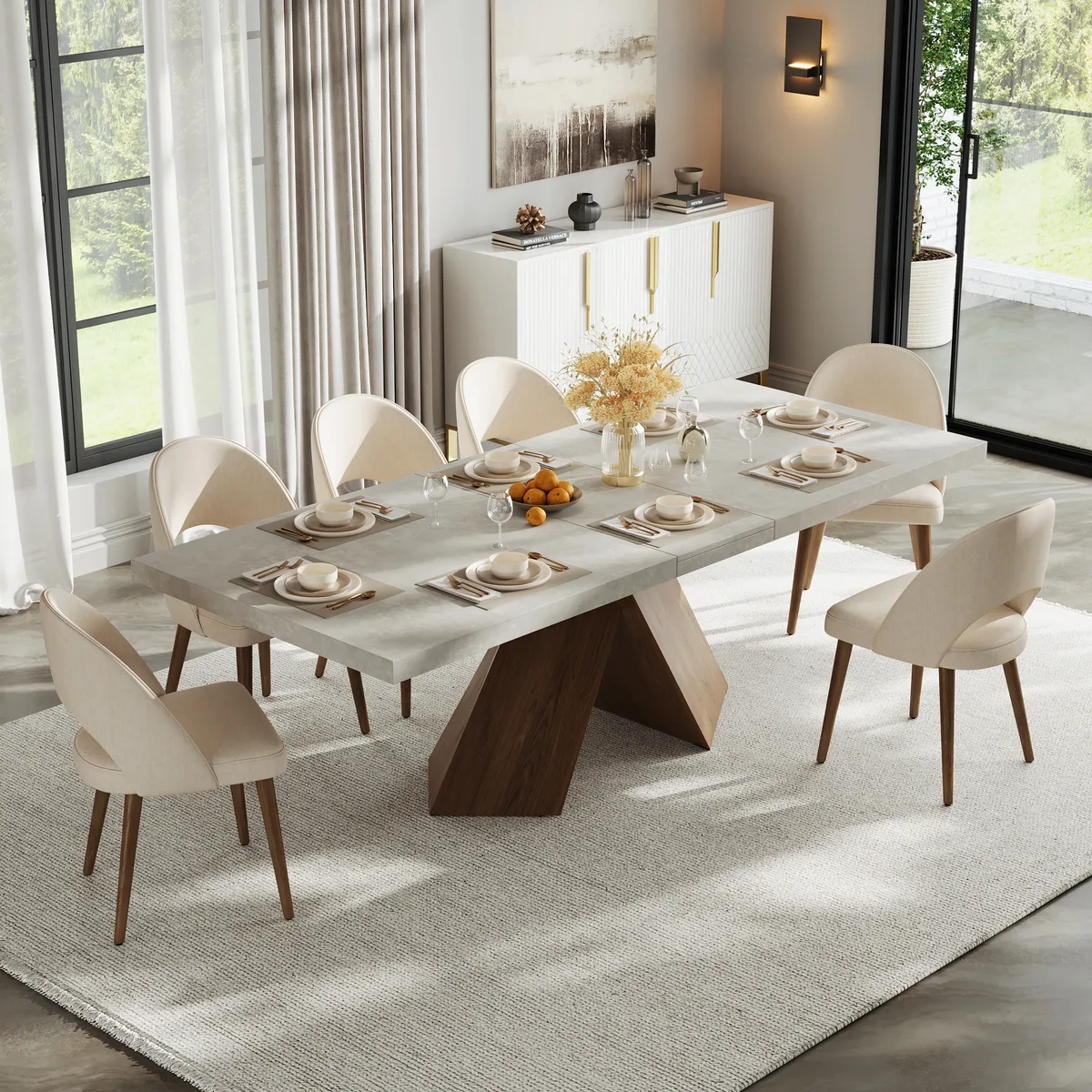 63"-79" Extendable Walnut Dining Table Modern Farmhouse Rectangle 4-6 Seater Pedestal — image 12