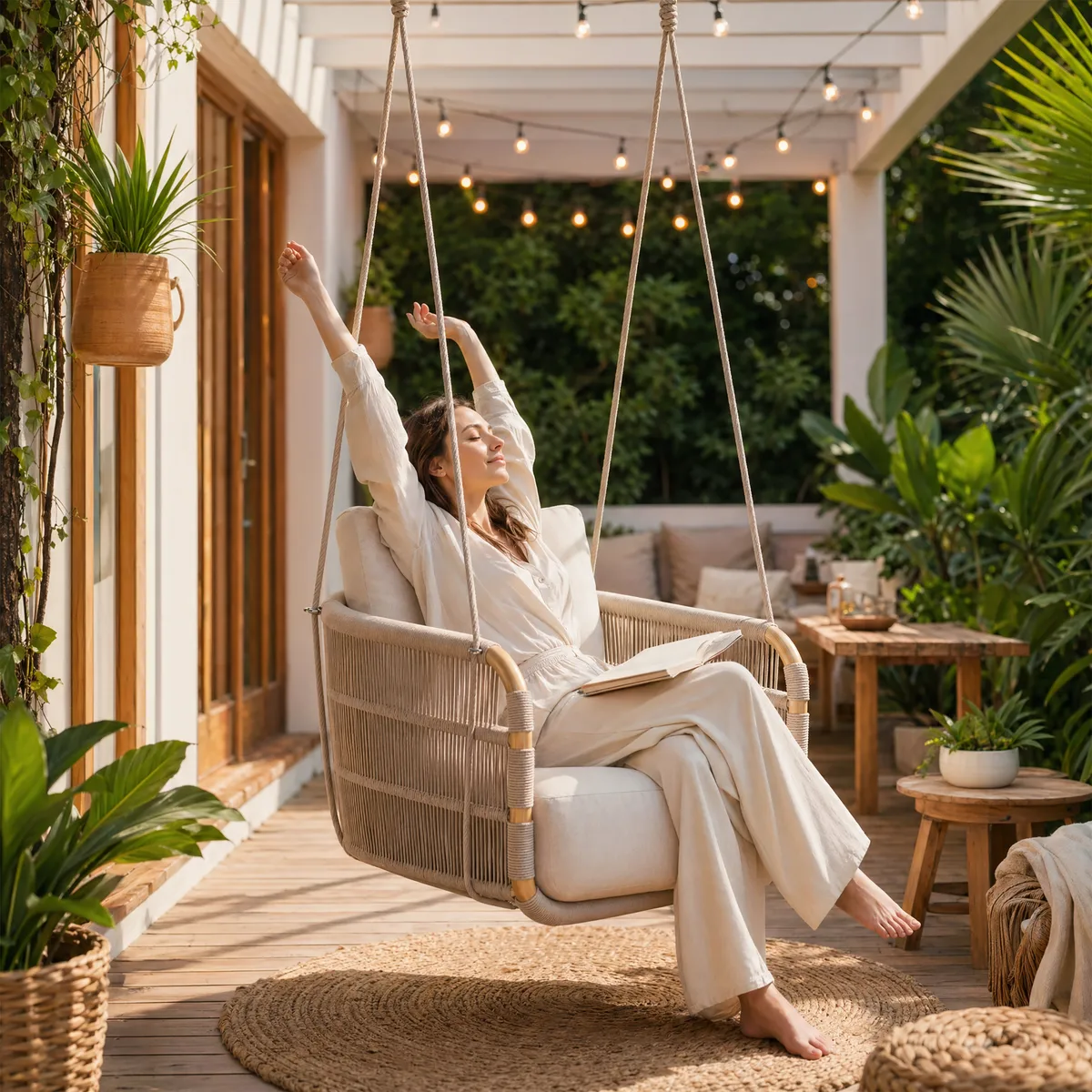 Costra 2-Seater Outdoor Aluminum Handwoven Rope Hanging Swing Chair — image 15