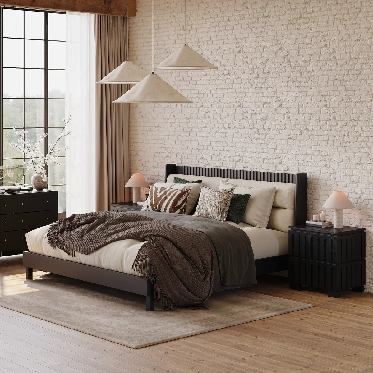 Modern Solid Wood King Upholstered Bed & 2 Drawer Ash Wood Nightstand Set with with Faux Travertine Top — image 13