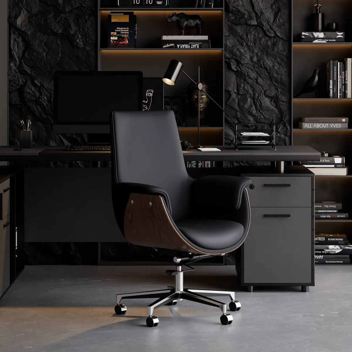 Black Leather Modern Home Office Chair Upholstered High Back Desk Chair Wood Grain Frame — image 4