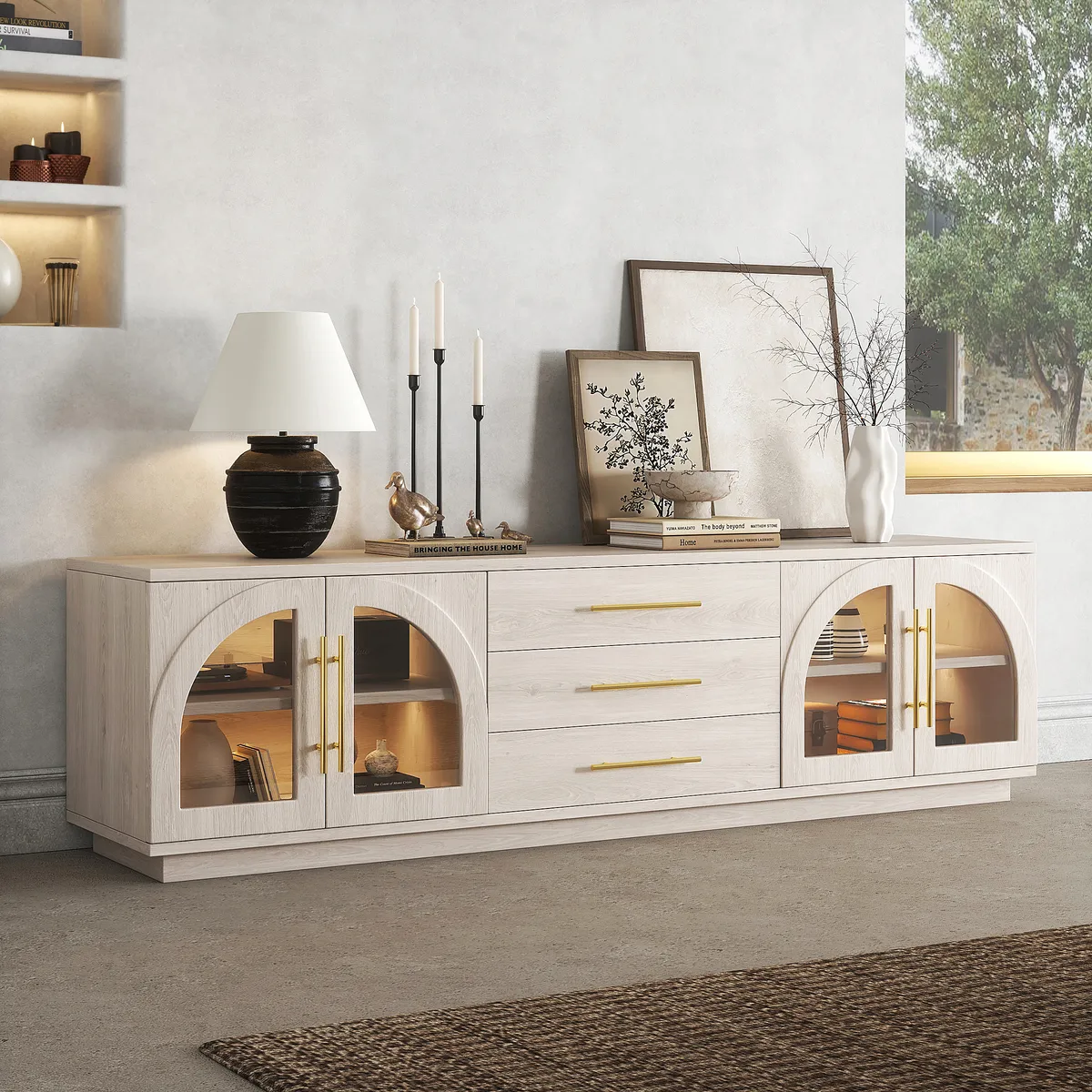 Arune 72" Arched Glass Doors Smoked Brown TV Stand with Storage and LED — image 13