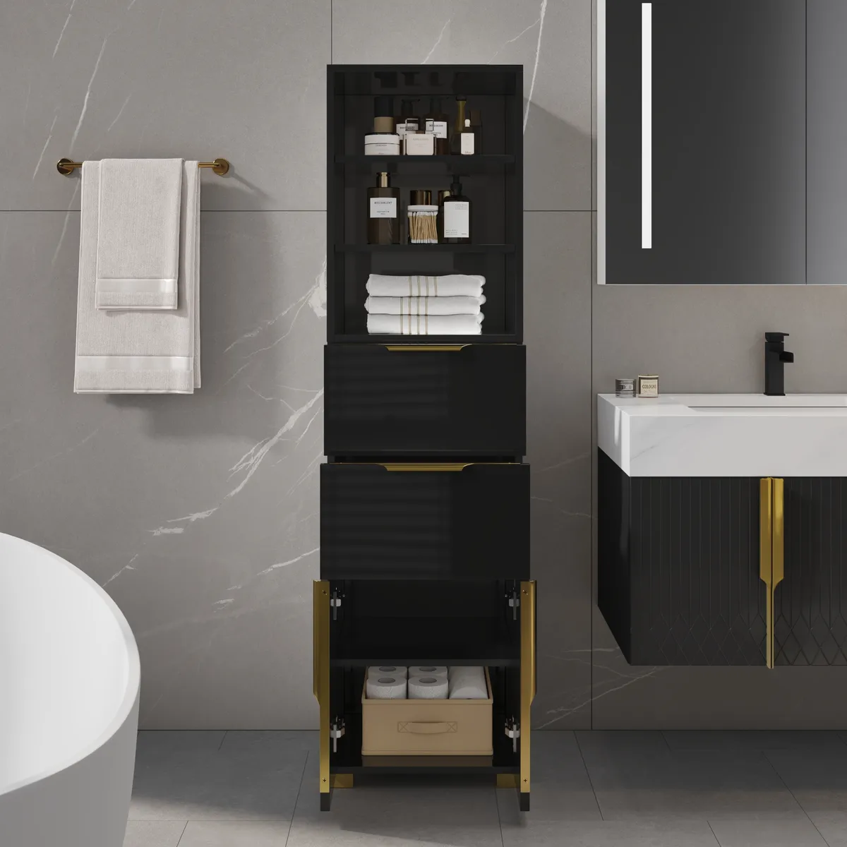 Aro 59" Freestanding Bathroom Storage Cabinet with Shelves, Drawers & Doors — image 4