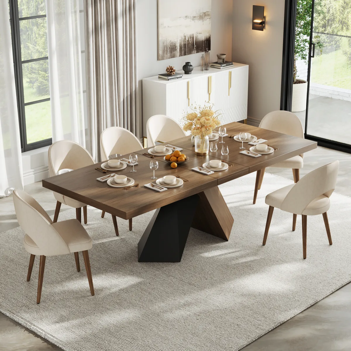 Dining Table Set 64"-79" Rectangle Extendable Dining Table & 4 Archic Japandi Rattan Dining Chairs — image 15