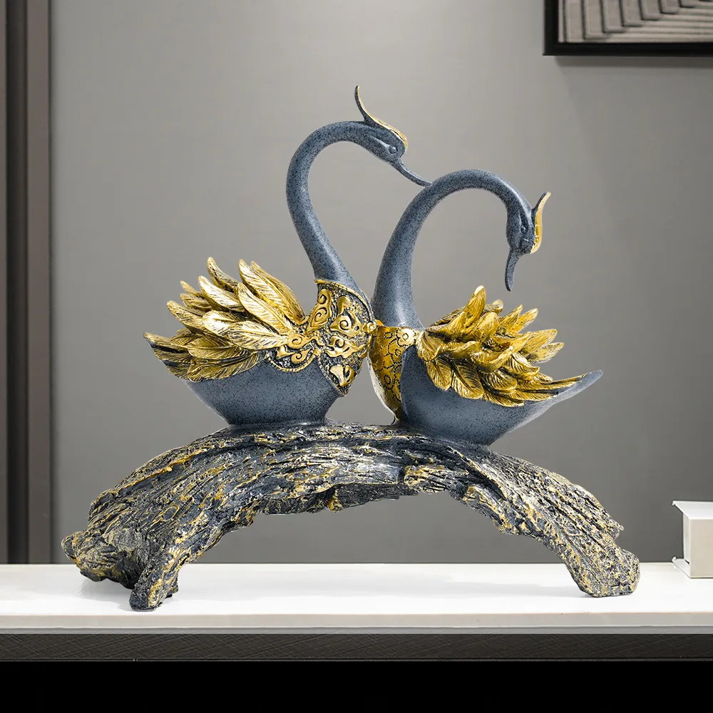 Swan Couple Resin Sculpture in Black & Silver for Home Table Decor — image 3