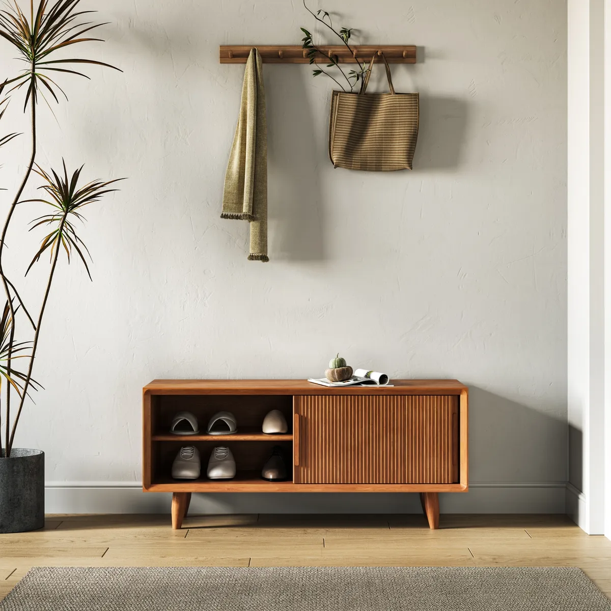 47.2" Solid Rubberwood Natural Entryway Bench with Storage — image 8