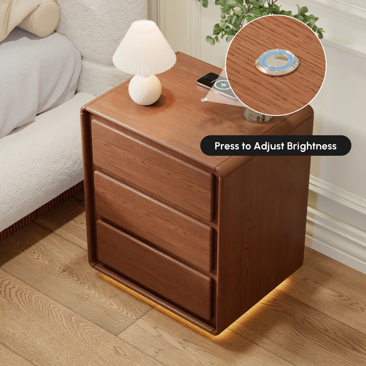 Haloa Walnut 3-Drawer LED Nightstand with Charging Station — image 17