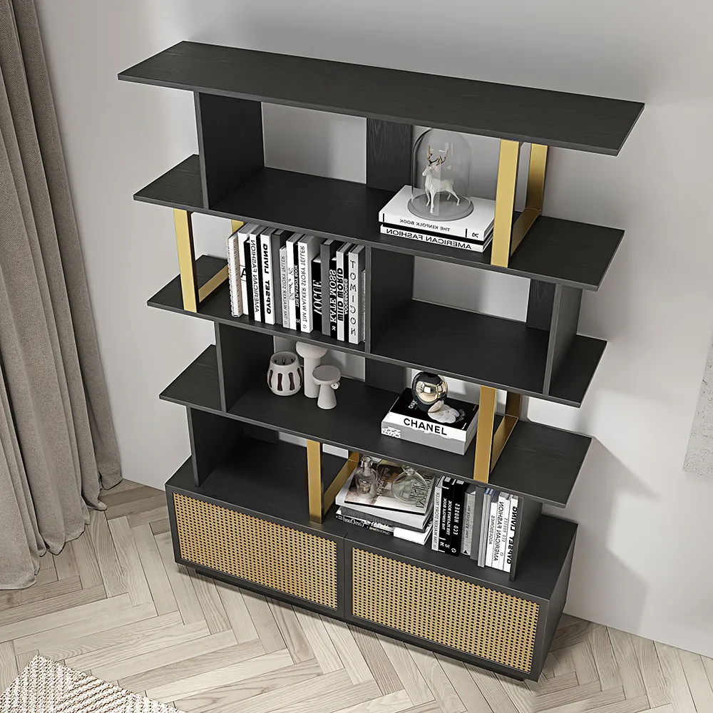 5-Tier Black Wood Bookshelf with 2 Doors Modern Bookcase in Gold Finish — image 4