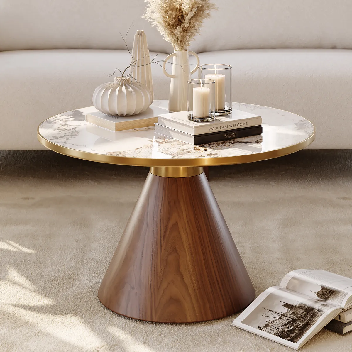 Sintered Stone Round Coffee Table Modern Black Living Room Furniture — image 25