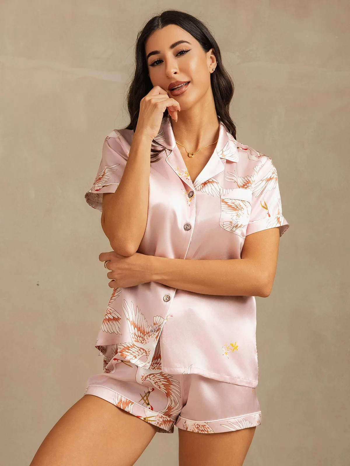 19Momme Women's 100% Mulberry Silk Crane Print Short Sleeve Notch Collar Pajamas Set — image 3