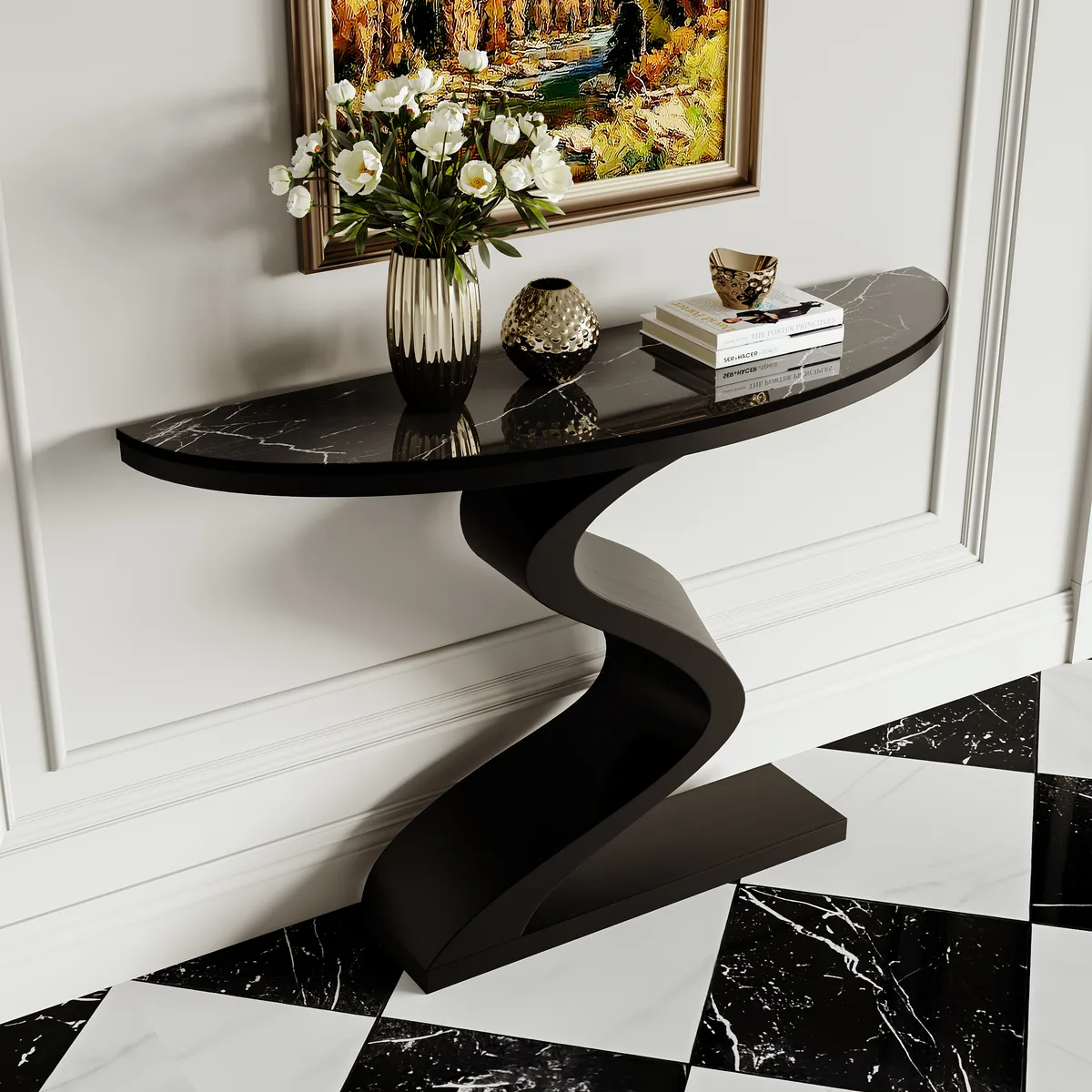 Curved Console Table with Sintered Stone Top Half Moon Shape Entryway Furniture — image 2