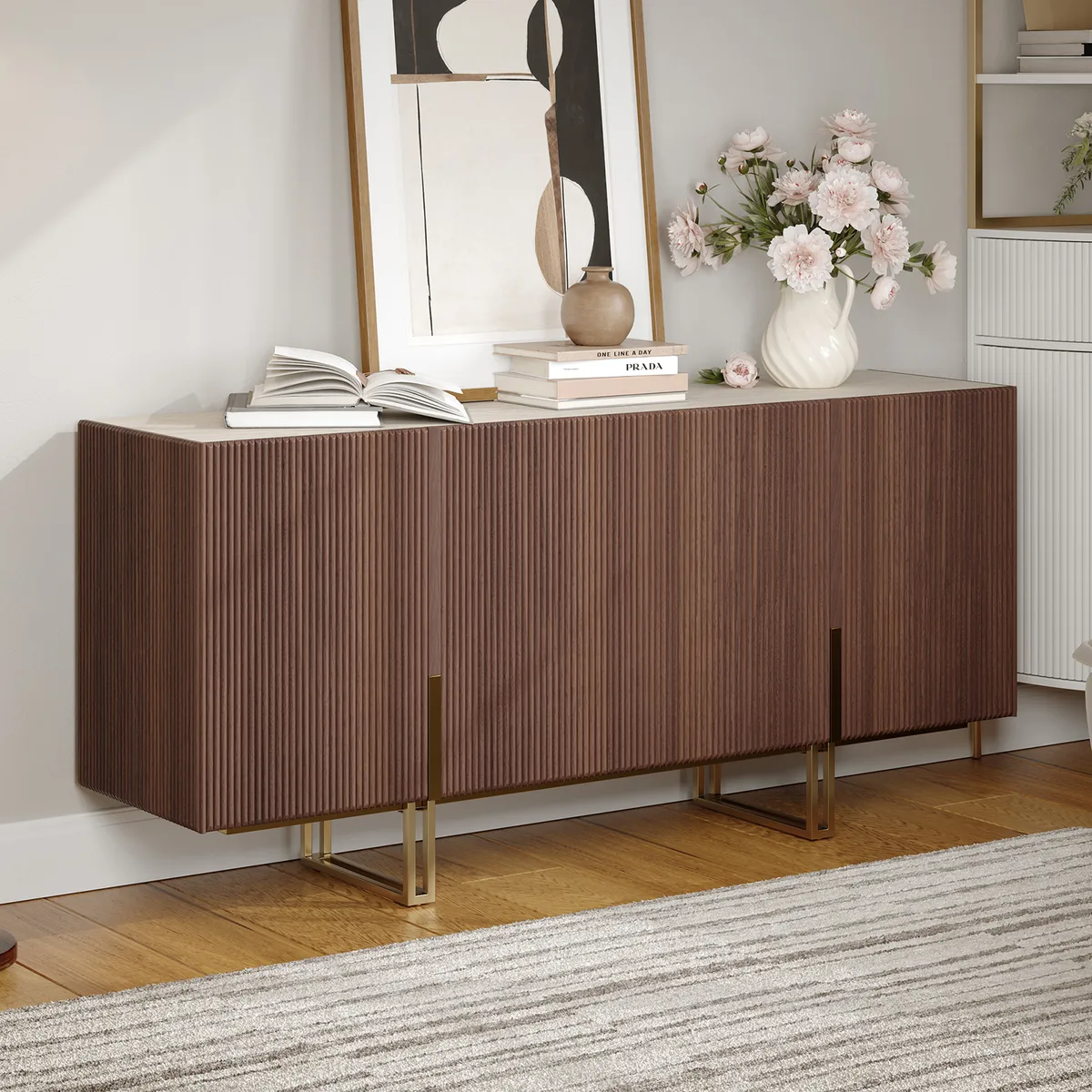 Grovyn 63" Buffet Sideboard Sintered Stone Top Black Fluted with Adjustable Shelves — image 25