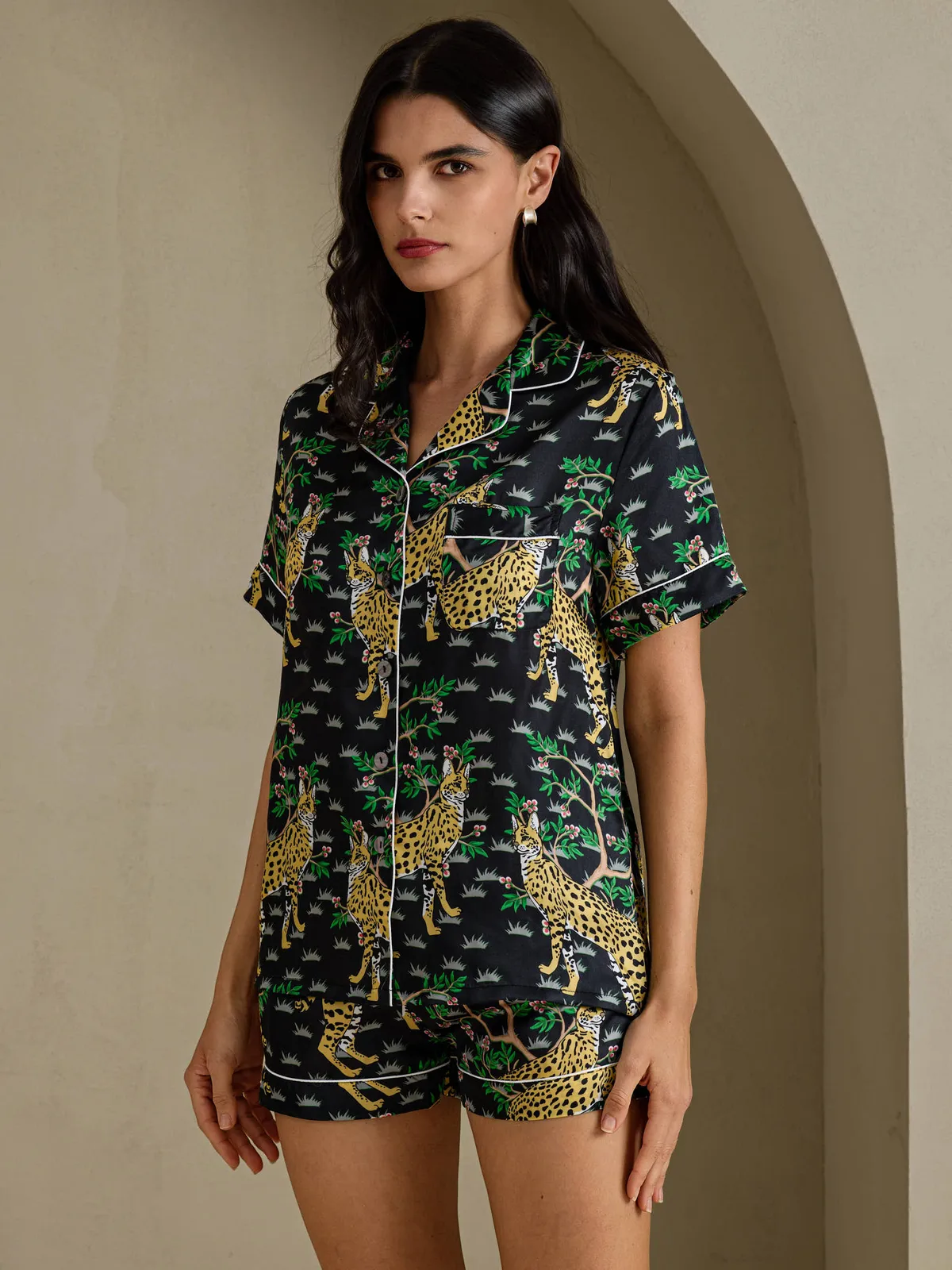 100% Mulberry Silk Women's Lynx Print Short Sleeve Pajama Set — image 3