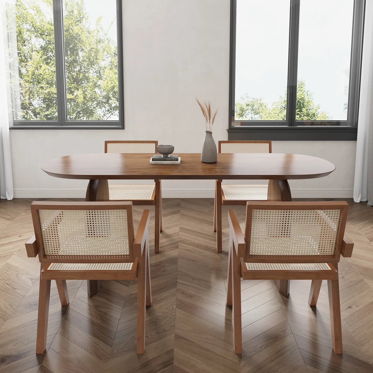 Dining Table Set 70.9" Oval Solid Wood Dining Table & 4 Walnut Japandi Rattan Dining Chairs — image 3