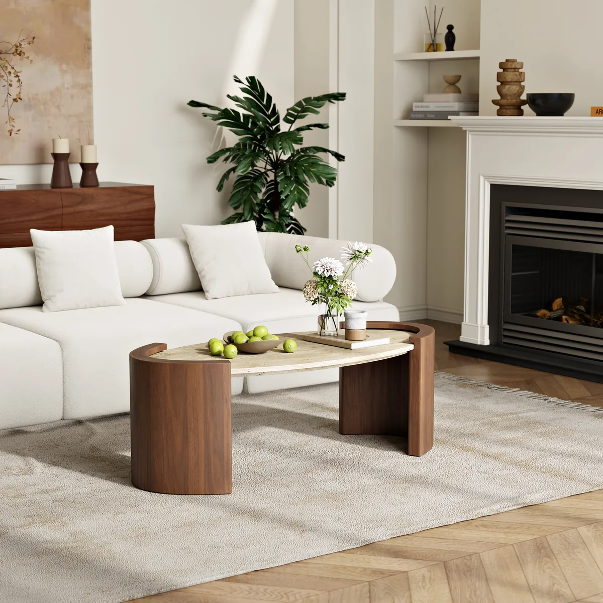 43" Japandi Oval Travertine Stone Top Coffee Table — image 24