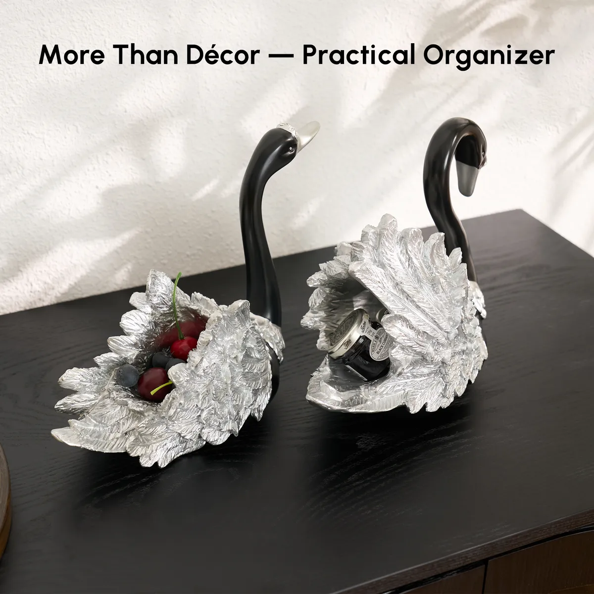 2-Piece Resin Swan Figurines, Black & Gold Decorative Storage Set — image 5