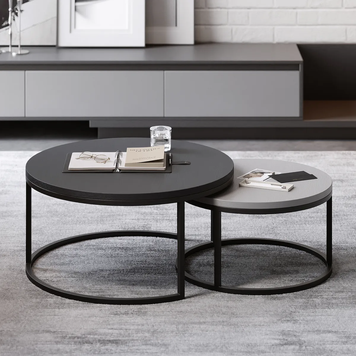 Living Room Cabinet Set Rectangle Gray Extendable TV Stand & Wood Round Nesting Coffee Table — image 11
