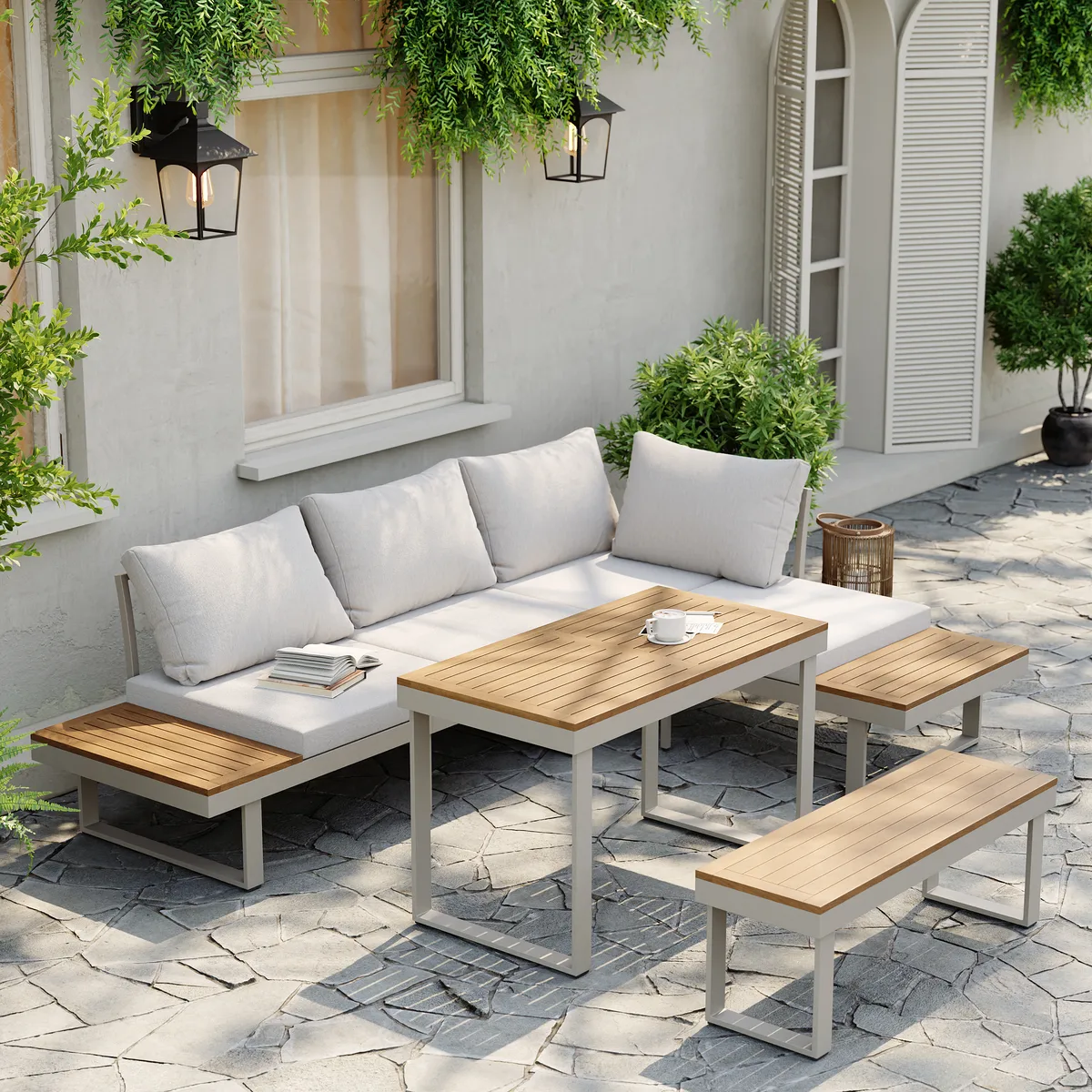 Slatera Outdoor Acacia & Aluminum Modular Sofa Set in Dark Gray with Black Cover — image 2