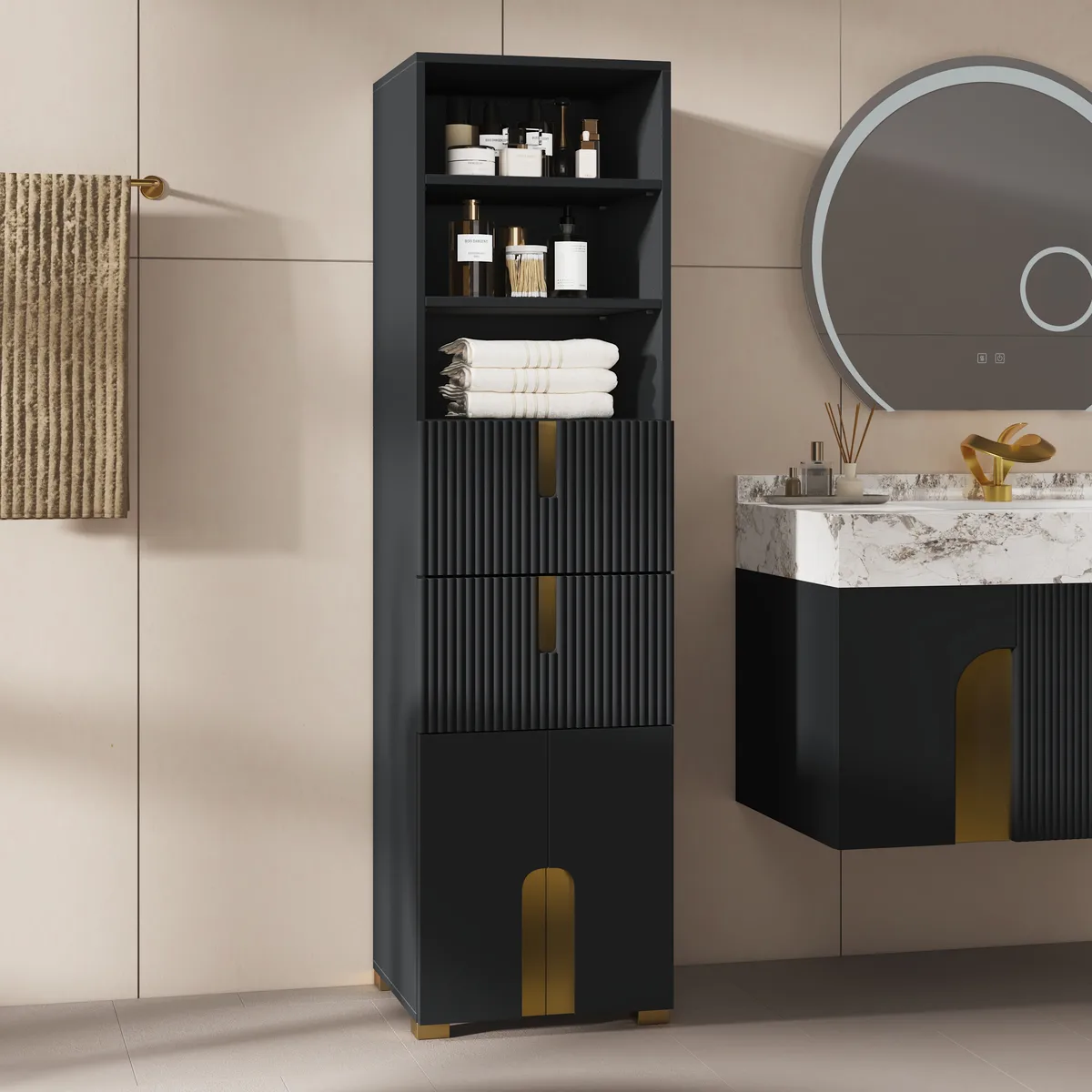 Artis 59" Bathroom Storage Cabinet – Freestanding Linen Tower with 2 Drawers & 2 Doors — image 2