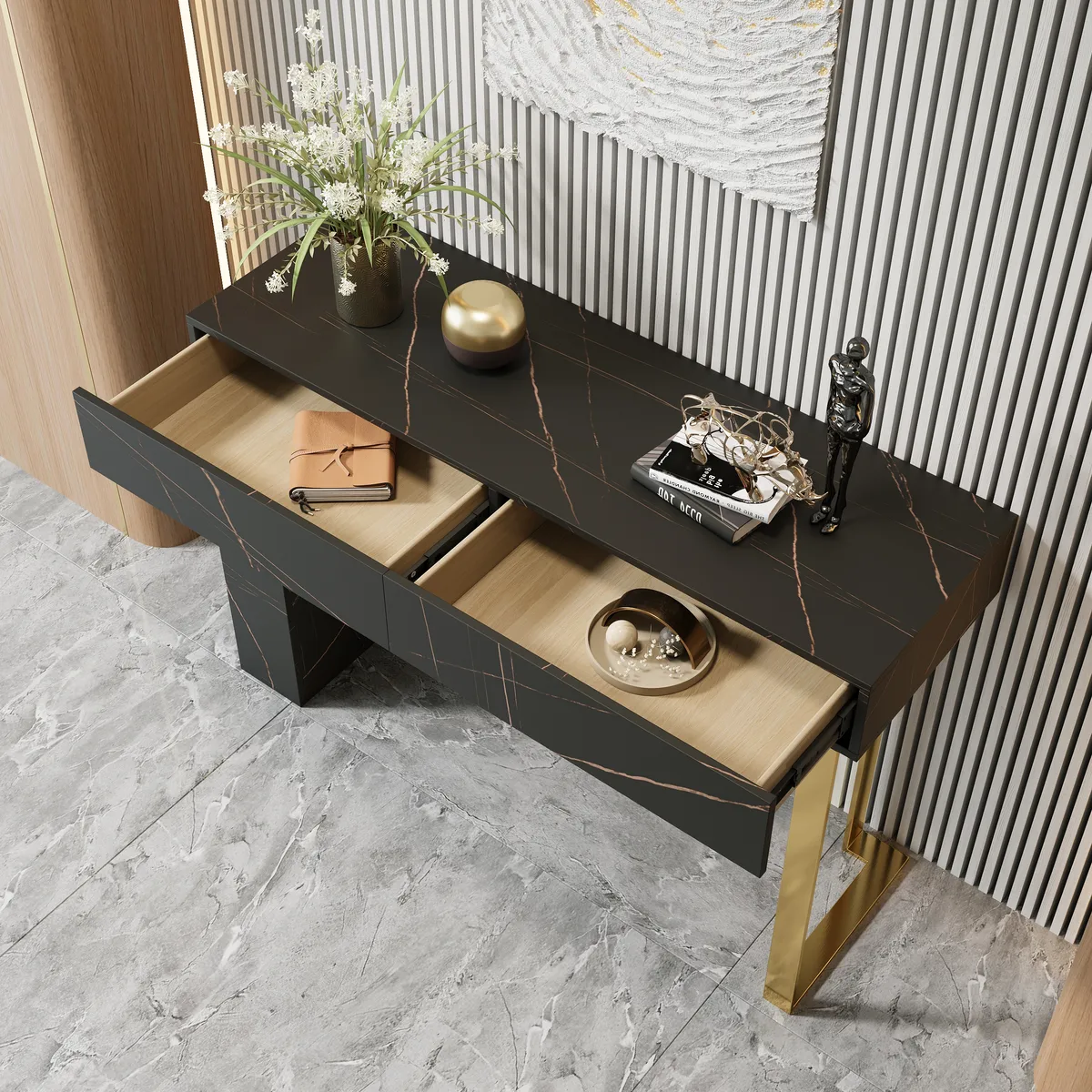 47.2" Black Console Table Modern Accent Table For Entryway with 2 Drawers & Stainless Steeel Base — image 5