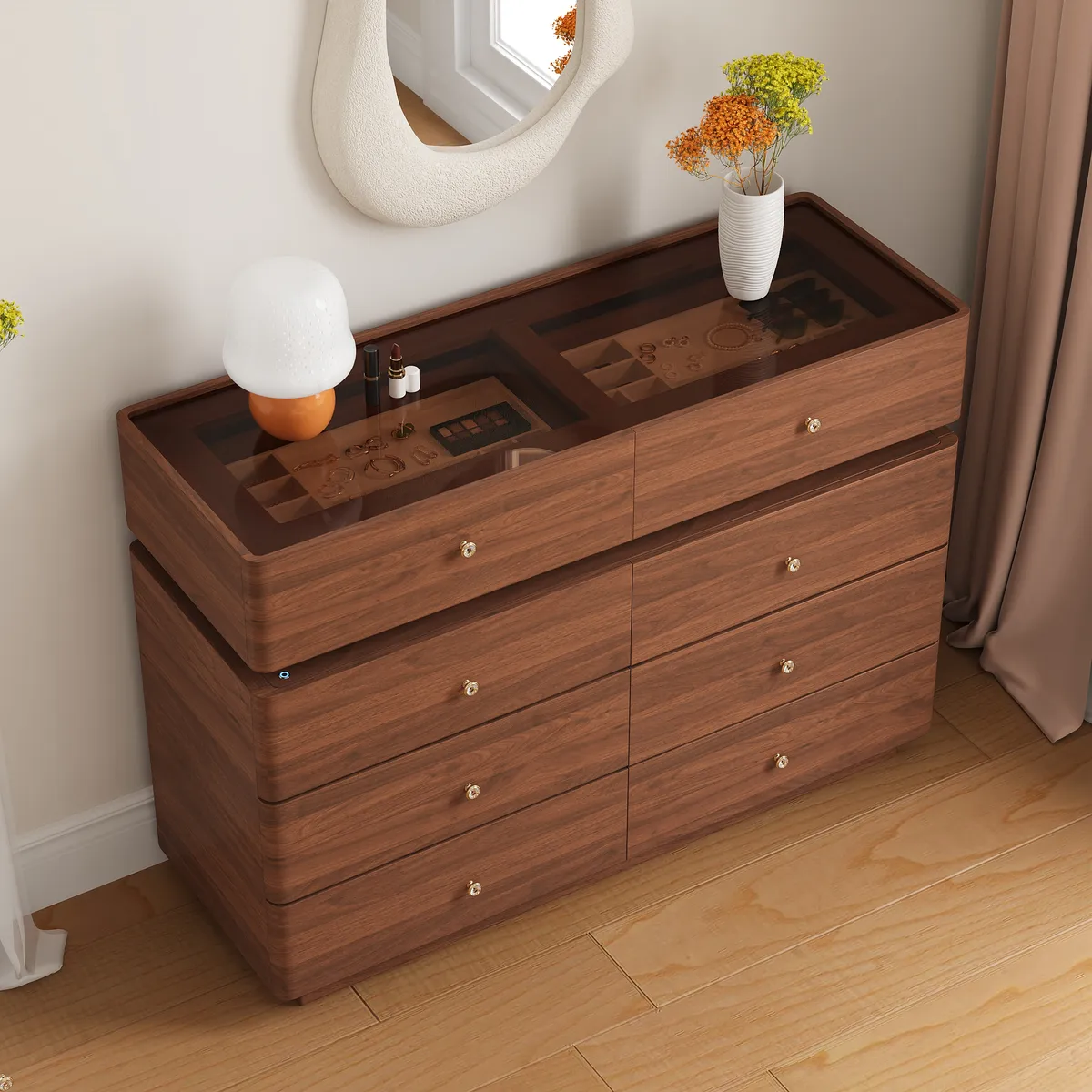 47" Glass Top Walk-in Closet Island 8-Drawer Dresser with Light — image 18