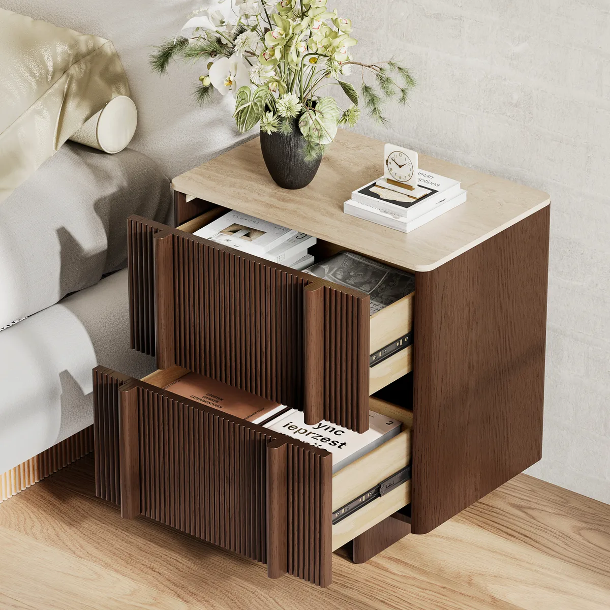Lineva 24" 2-Drawer Nightstand with Faux Travertine Stone — image 4