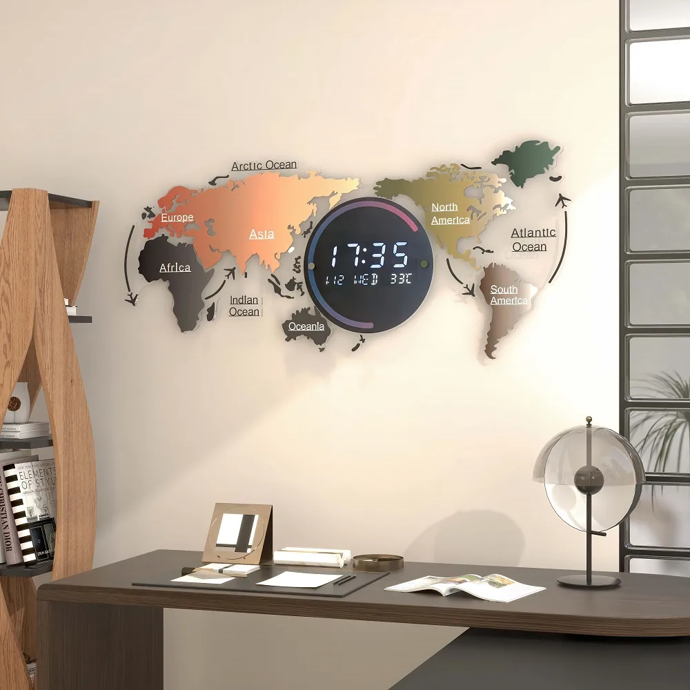 Modern Large Multifunctional World Map Wall Clock Decor With LED Digital Display Screen — image 4