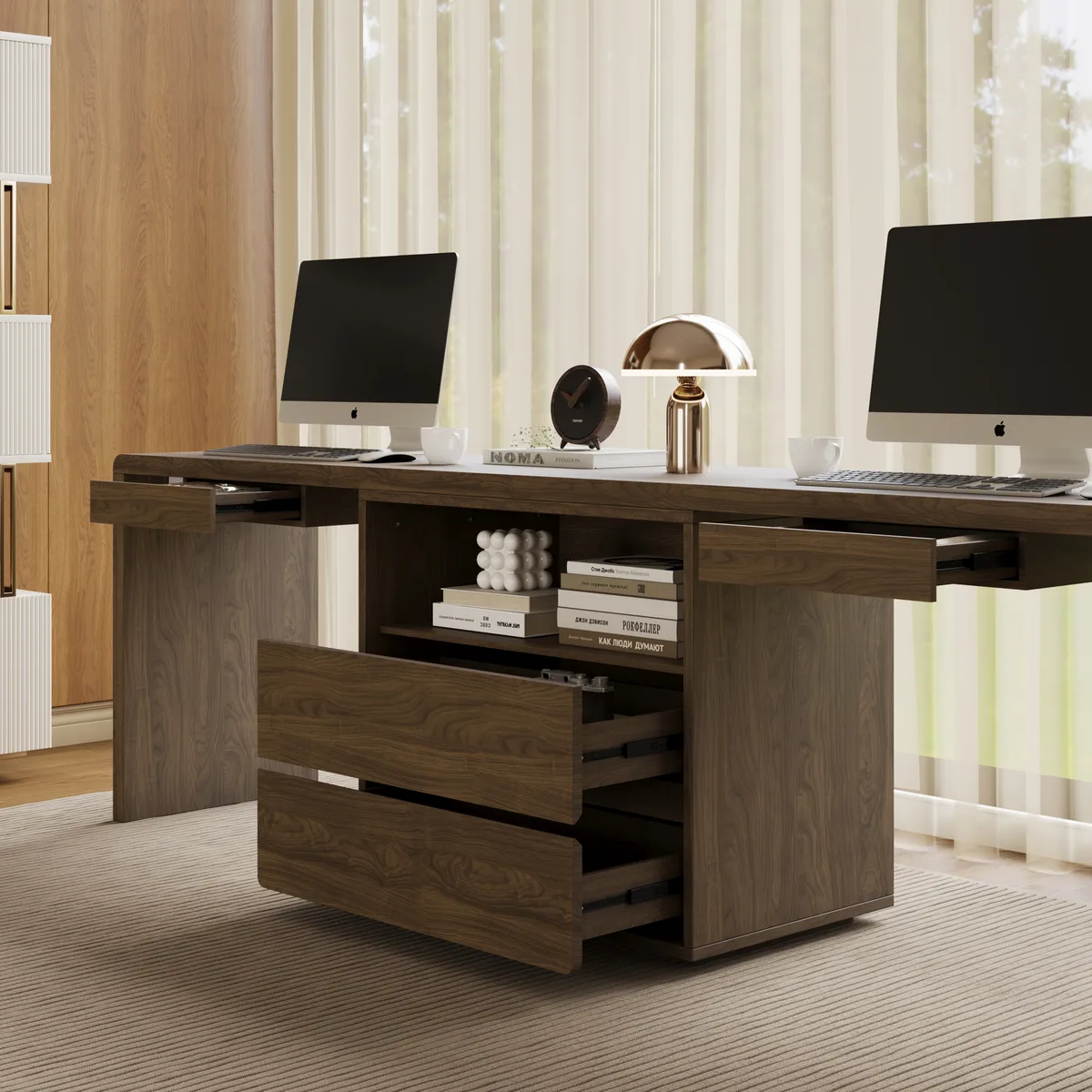 Modern 94" Rectangular Brown Double Desk with Drawers, Seats 2 — image 21