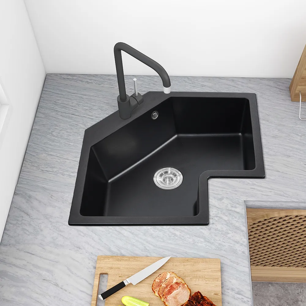 Drop In Corner Irregular Kitchen Sink White 25" Quartz — image 7