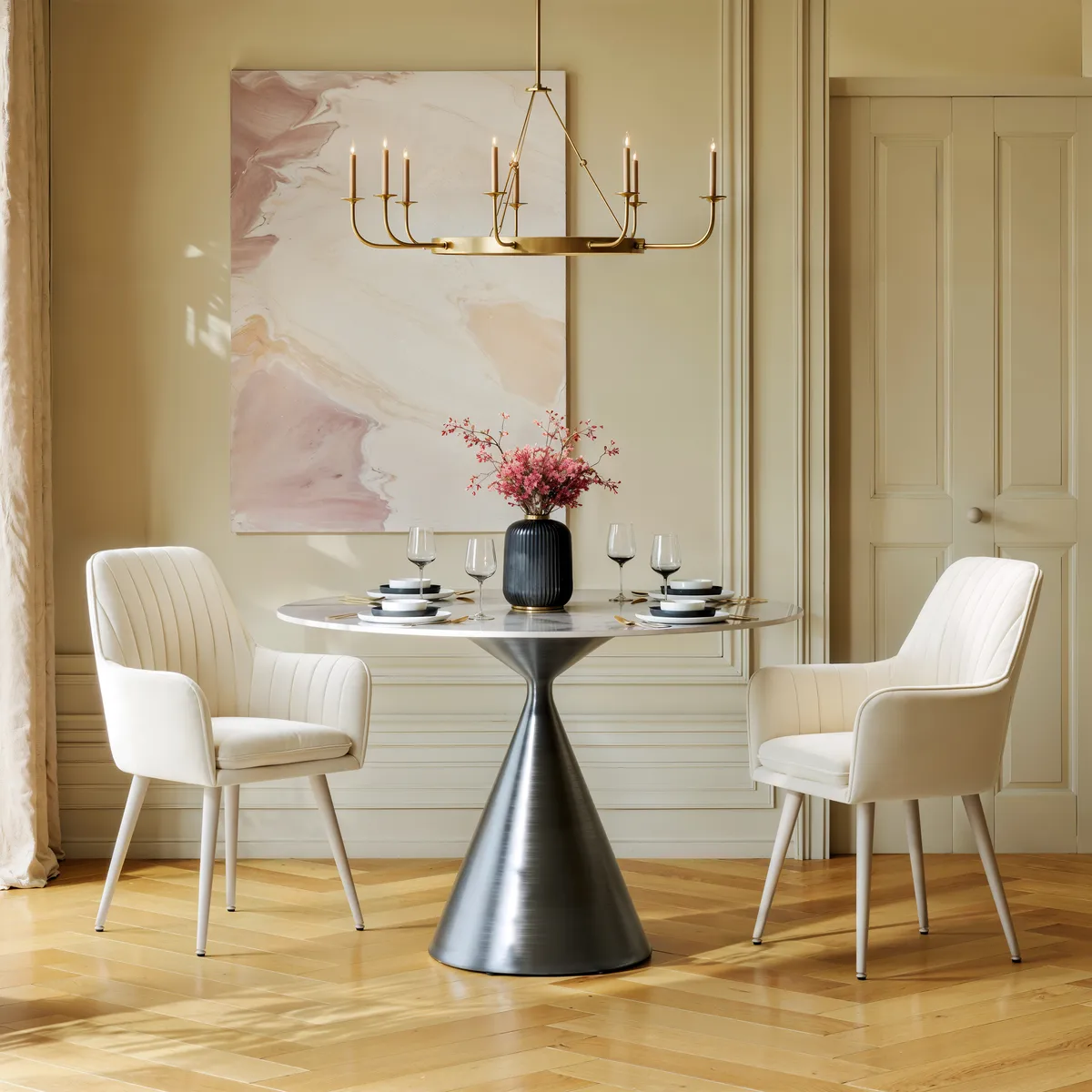 Modern Warm White Velvet Dining Chair with Cushioned Seat — image 4