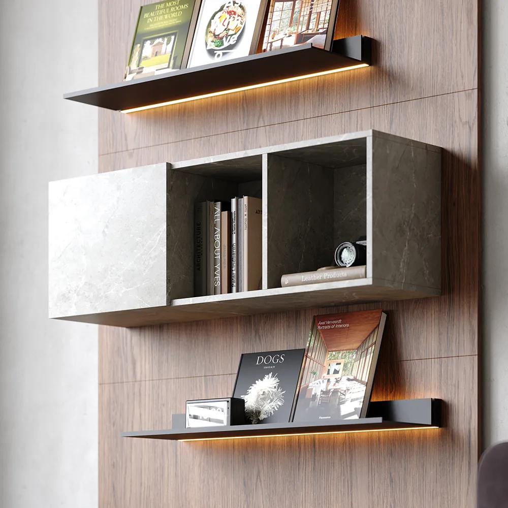 5-Tier Modern Walnut Floating Bookshelf with Storage and LED Bookcase — image 5