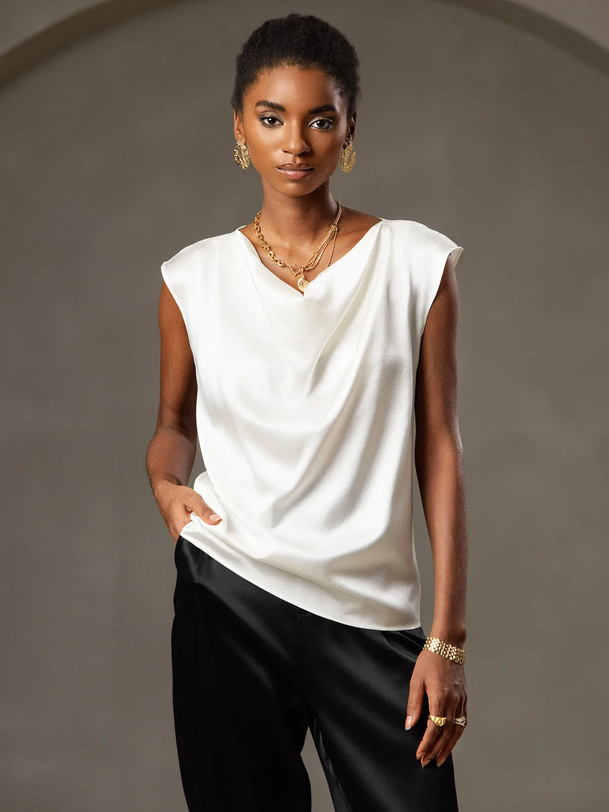 19Momme Women's Silk Cap Sleeve Cowl Neck Top — image 4