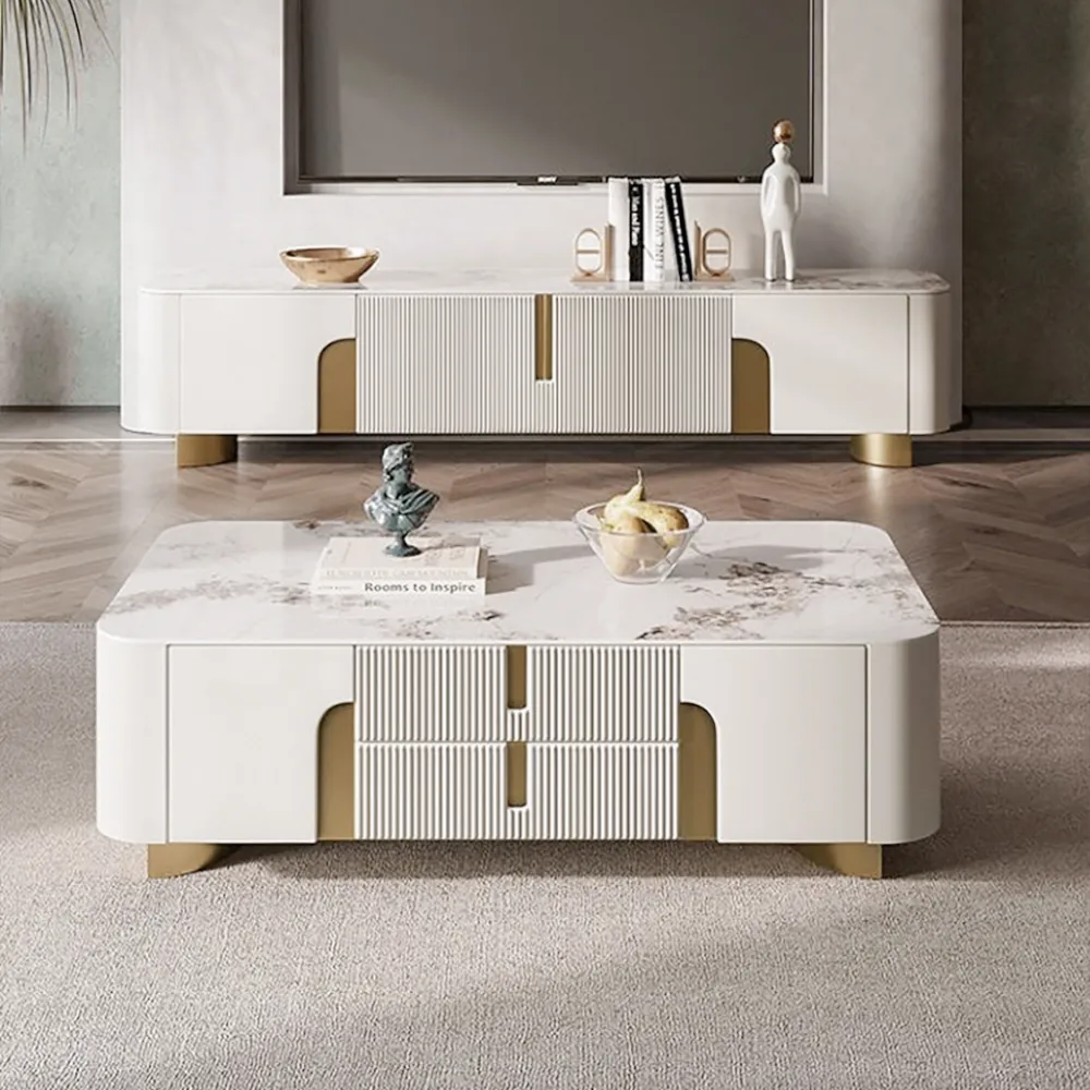 Artis Modern Beige Rectangle Large Coffee Table Drawers Sintered Stone Gold Base — image 4