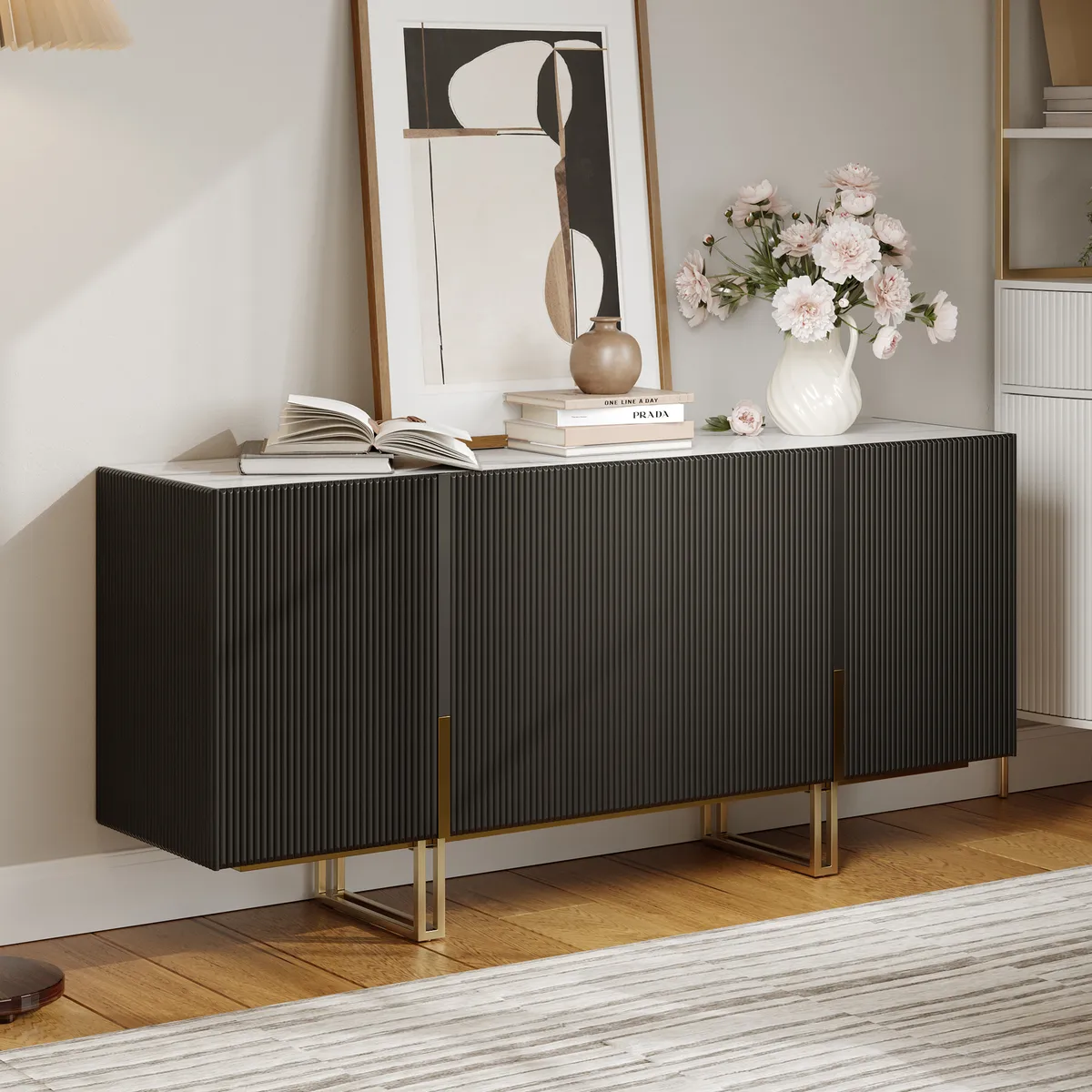 Grovyn 63" Buffet Sideboard Sintered Stone Top Black Fluted with Adjustable Shelves — image 15