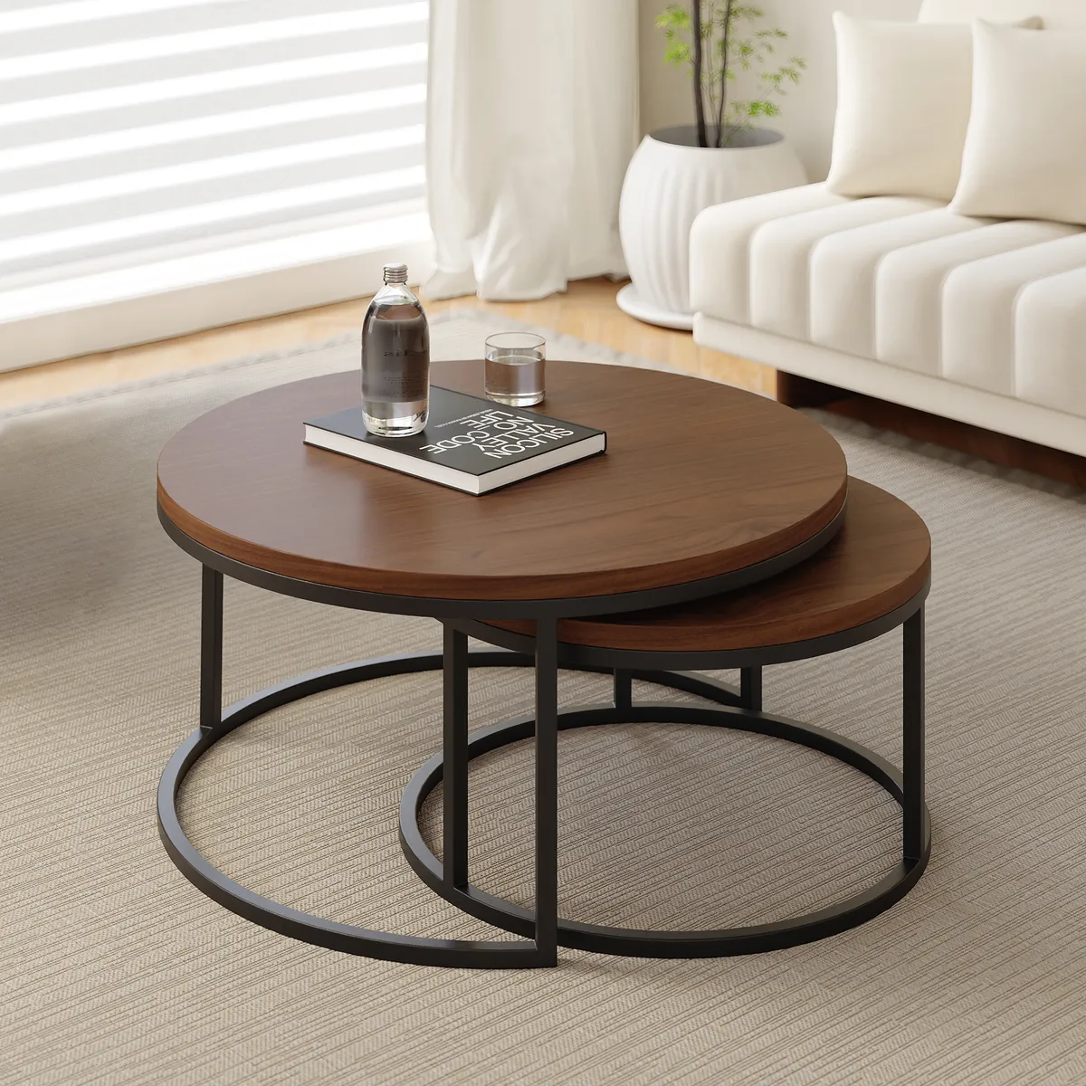 Living Room Cabinet Set Rectangle Gray Extendable TV Stand & Wood Round Nesting Coffee Table — image 28