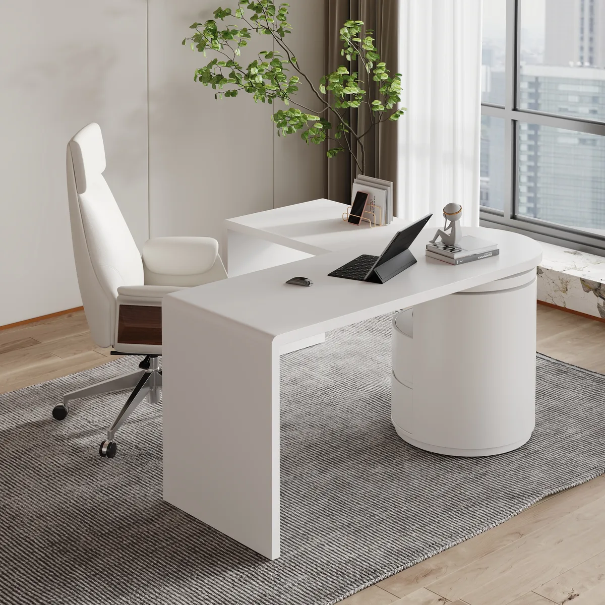 Modern 60" L-Shaped Walnut Office Desk with Drawers, Rotating Design — image 2