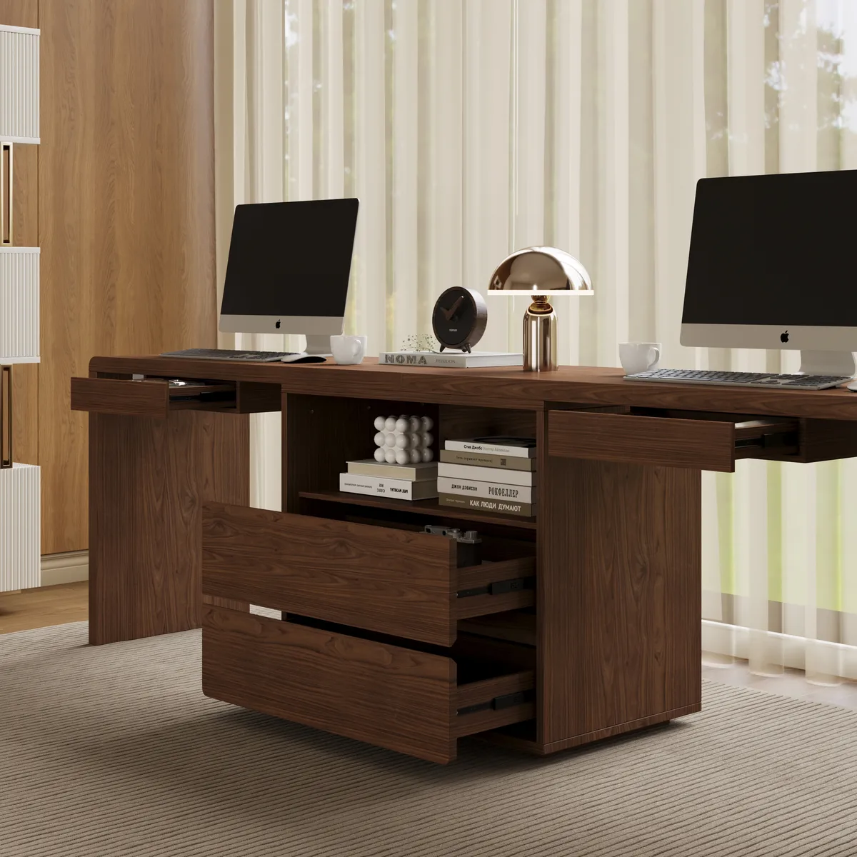 White Double Desk with Drawers & 2 Ivory PU Leather Modern Home Office Chairs — image 9