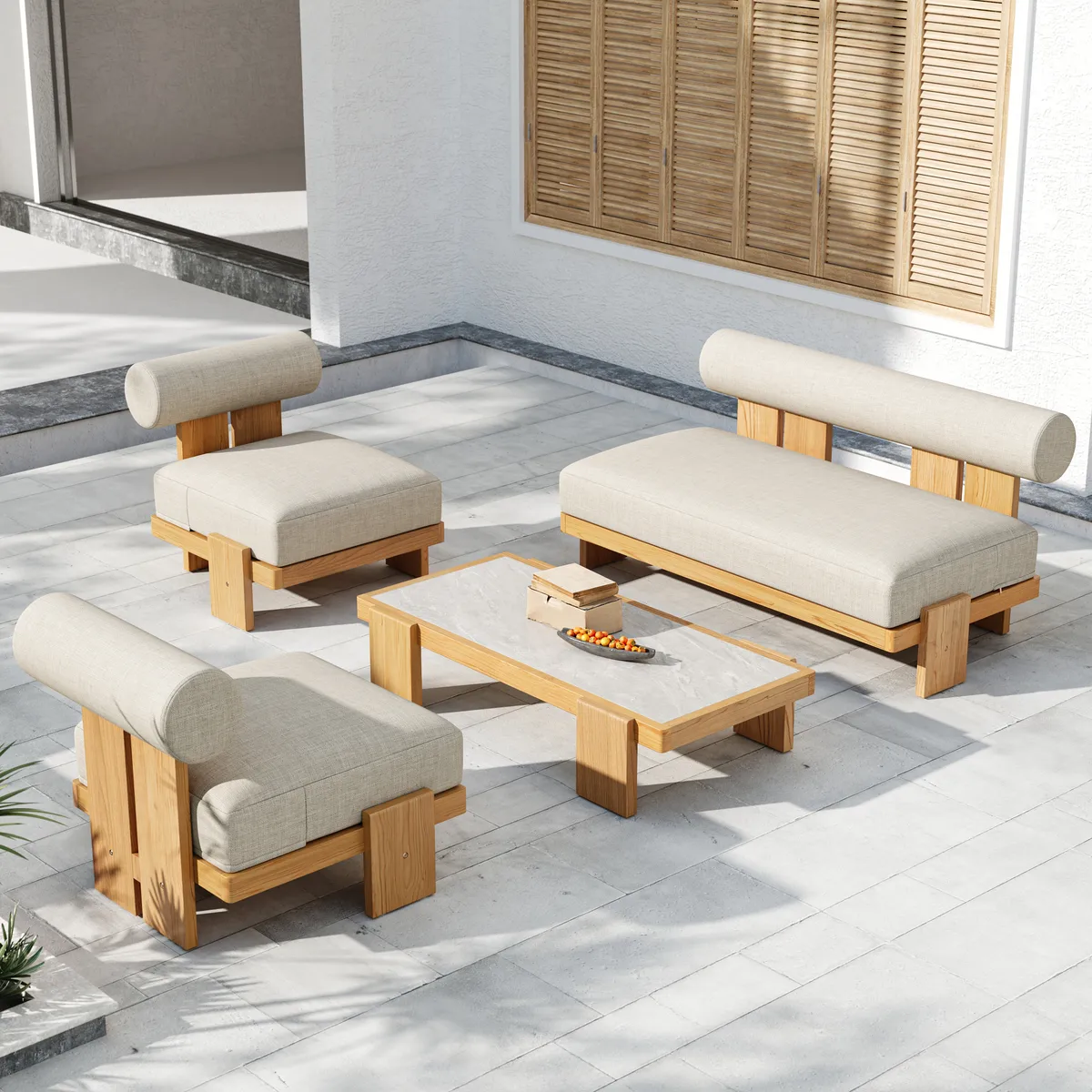 4 PCS Teak Outdoor Sofa Set Modern Yard & Patio Furniture for 4 Person