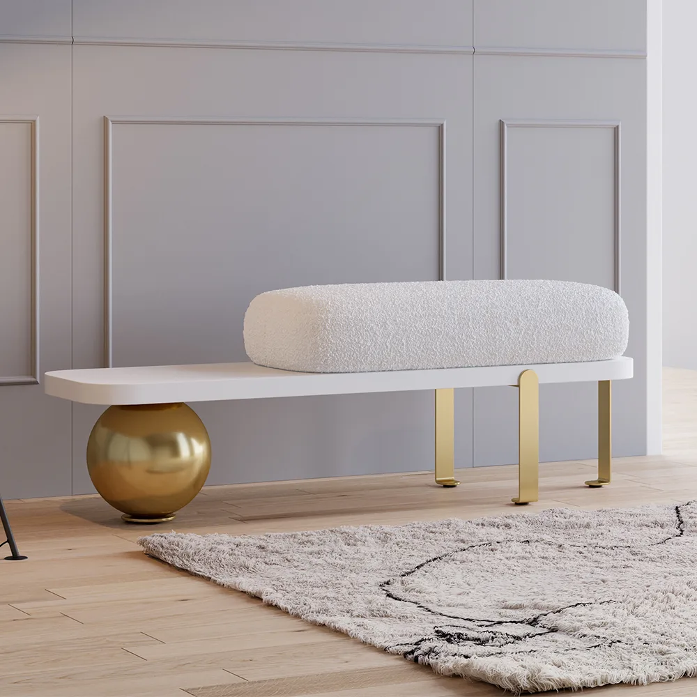 Ball design Entryway Bench Wooden Furniture with Abstract Metal Legsin White & Gold (47.2" Wide) — image 8