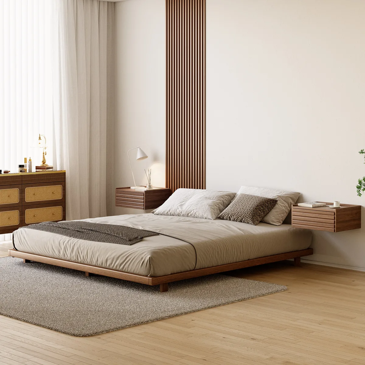 Wooden Floating Nightstand Modern Bedside Table with Charging Station Japanese Style — image 22