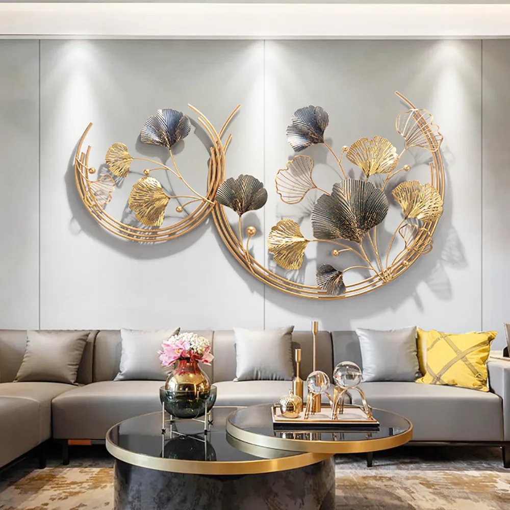 Modern 3D Hollow-out Ginkgo Leaves Wall Decor Home Metal Round Wall Art in Gold & — image 3