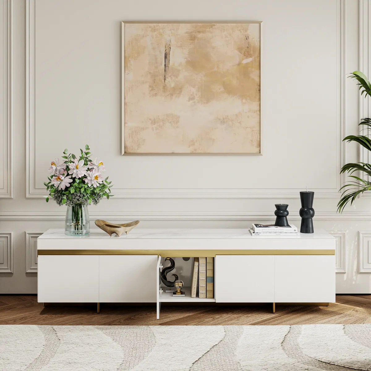 86" White Sintered Stone Top TV Stand with 4 Drawers — image 6