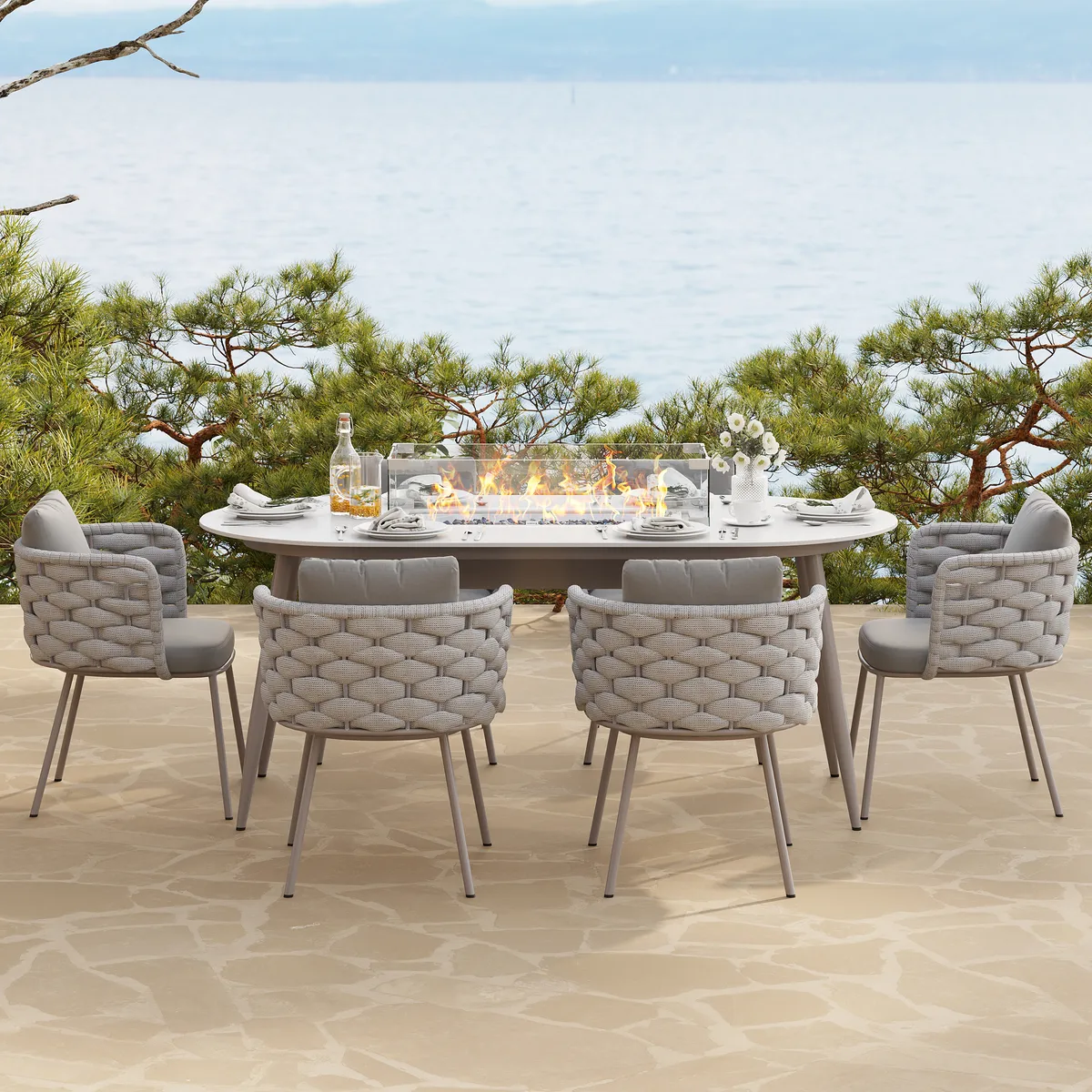 7 PCS Outdoor Propane Fire Pit Table & Rope Woven Armchair Oval Outdoor Dining Set Modern Yard & Ptio Furniture for 6 Person — image 4