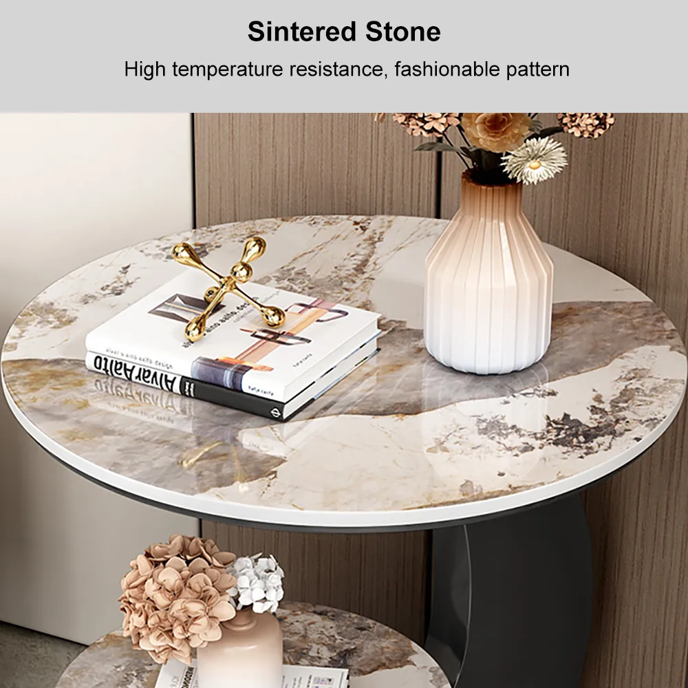 Round Faux Marble 2 Tier End Table Modern White & Gold Side Table — image 26
